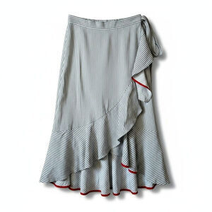 Vince Camuto New Striped Side Ruffle Pull On Midi Skirt Gray White XL Faux Wrap